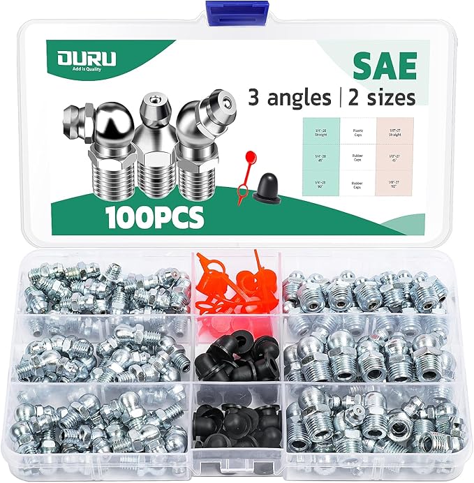100PCS Grease Fittings Kit, SAE Zerk Grease Fittings Straight 45 90 Degree with Grease Fitting Caps for Grease Gun
