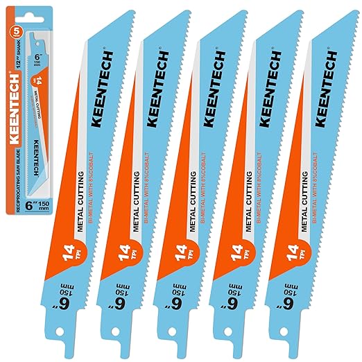 KEENTECH 6 Inch Bi-Metal Reciprocating Saw Blade 5-Pack for Clean Metal Cutting, 14 TPI, Fits Milwaukee Sawzall and Other Reciprocating Saws