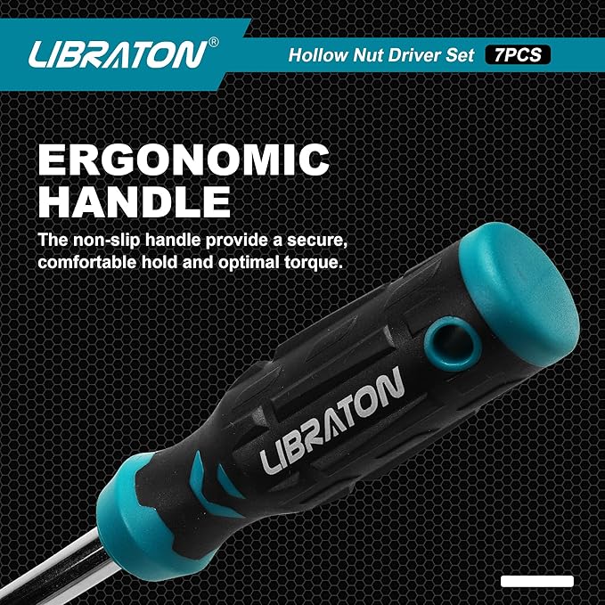 Libraton Hollow Nut Driver Set SAE, Magnetic Hex Nut Drivers, 3-inch Full-hollow Shaft for Long Bolts, 7-Pieces Standard Sizes 3/16, 1/4, 5/16, 11/32, 3/8, 7/16, 1/2 Inch
