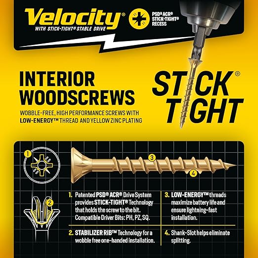 Velocity Interior 1 1/2 Inch Wood Screws DIY Pack (Size #10, 90 Pcs) ??Zinc and Yellow Coating, Stick-Tight Technology, Screw for Wood Working with PSD ACR Driver Bit