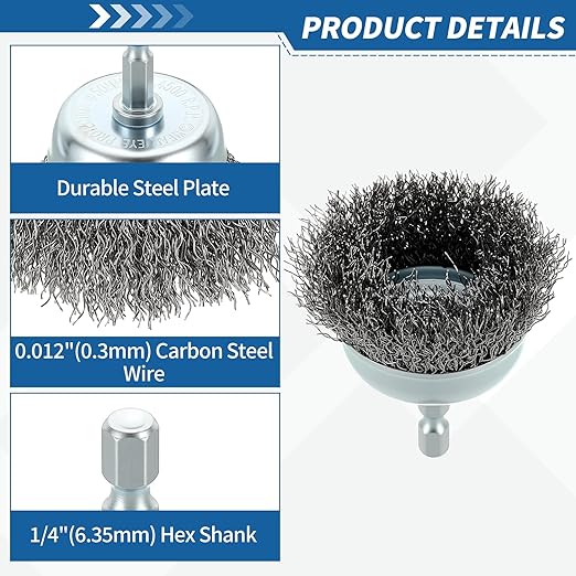 Wire Brush for Drill (2"/50mm) 4Pack, Crimping Steel Wire 0.012" (Carbon Steel) Wire Brush Drill Attachment with 1/4" Hex Shank - for Rust, Cleaning, Deburring on Cast Iron