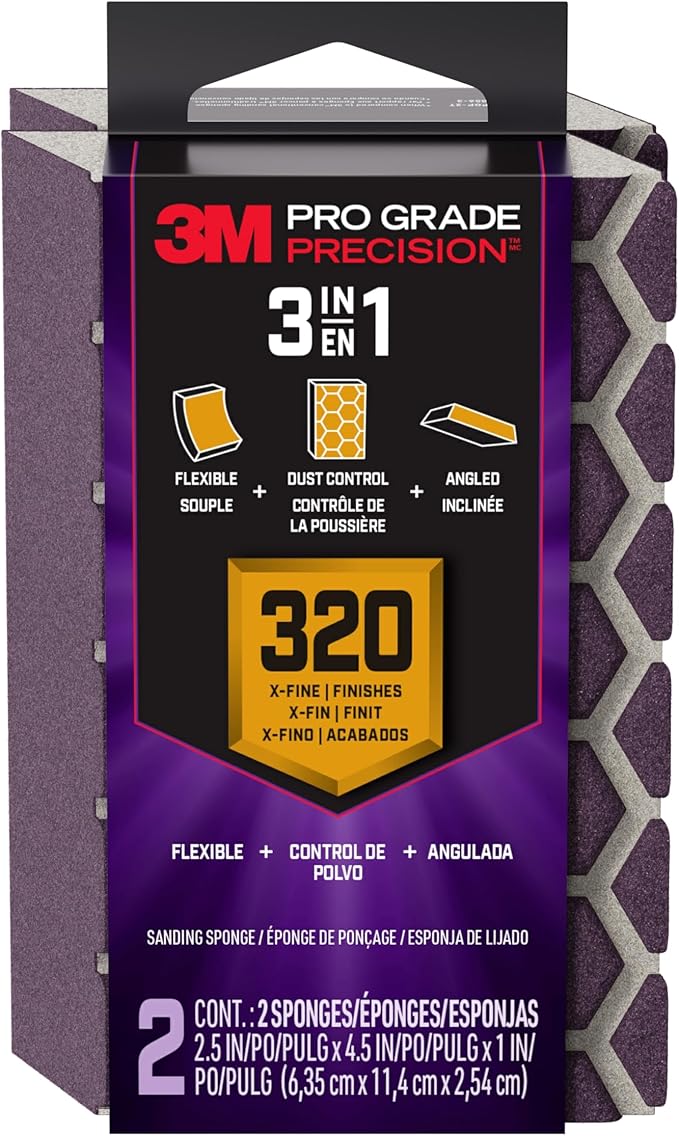 3M Pro Grade Precision 3-in-1 Sanding Sponge, 320 Grit X-Fine, 2 Sponges, Washable & Reusable, for Wood, Metal, Drywall, and Paint Finishing ??Flexible Foam, Contoured, Angled, Flat