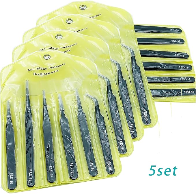 30Pcs（5set） ESD Tweezers Set Precision Tweezers Set ，Anti-Static Stainless with Storage Canvas Bag，for Craft,Electronics Repair,jewelry repair,Laboratory Work Etc