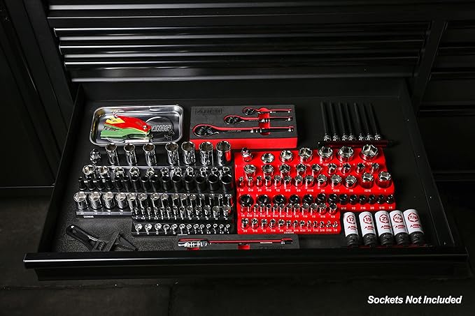 ARES 60057-6-Piece Magnetic Socket Organizers - Metric and SAE Set Black and Red -1/4 in, 3/8 in, 1/2 in Socket Holders -143 Pieces of Standard (Shallow) and Deep Sockets -Organize Your Tool Box