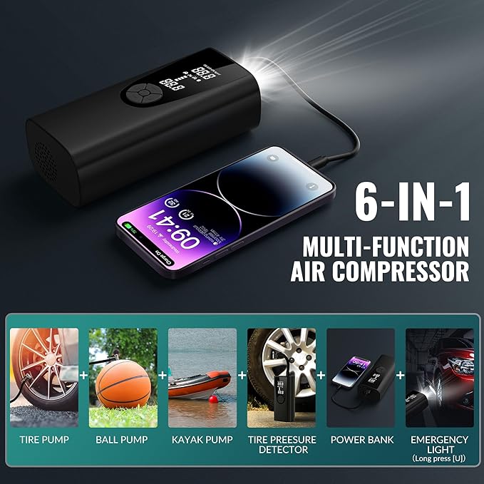 Upgrade Tire Inflator Portable Air Compressor-180PSI Air Pump for Car Tires-Electric 3X Faster Tire Inflation-Cordless Tire Pump with Pressure Gauge for Car, Motorcycle, Bicycle, Ball and More