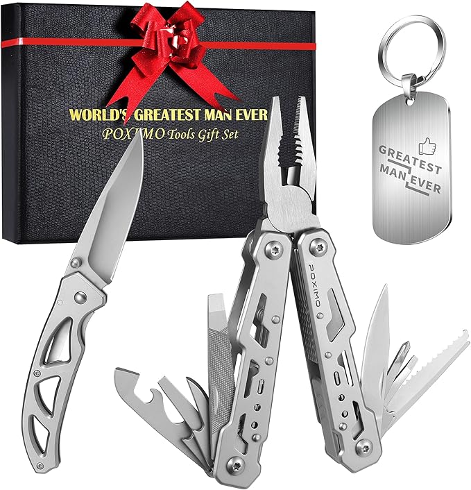 Multitools Gift Set for Men, 14-in-1 Multi-tool Pliers & Folding Knife Set with Keychain Tag, 3-Piece EDC Kit for Camping, Hiking - Premium Gift Box for Birthday, Christmas, Father?셲 Day