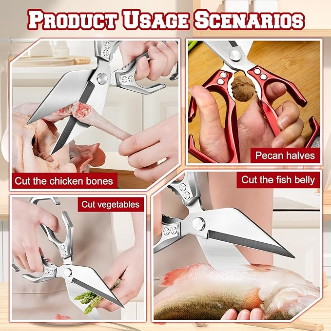 Multifunctional Heavy-Duty Kitchen Shears, High-Carbon Steel Culinary Shears, Heavy Duty Kitchen Scissors for Food with Ergonomic Handle for Chicken, Meat, Seafood (Red)