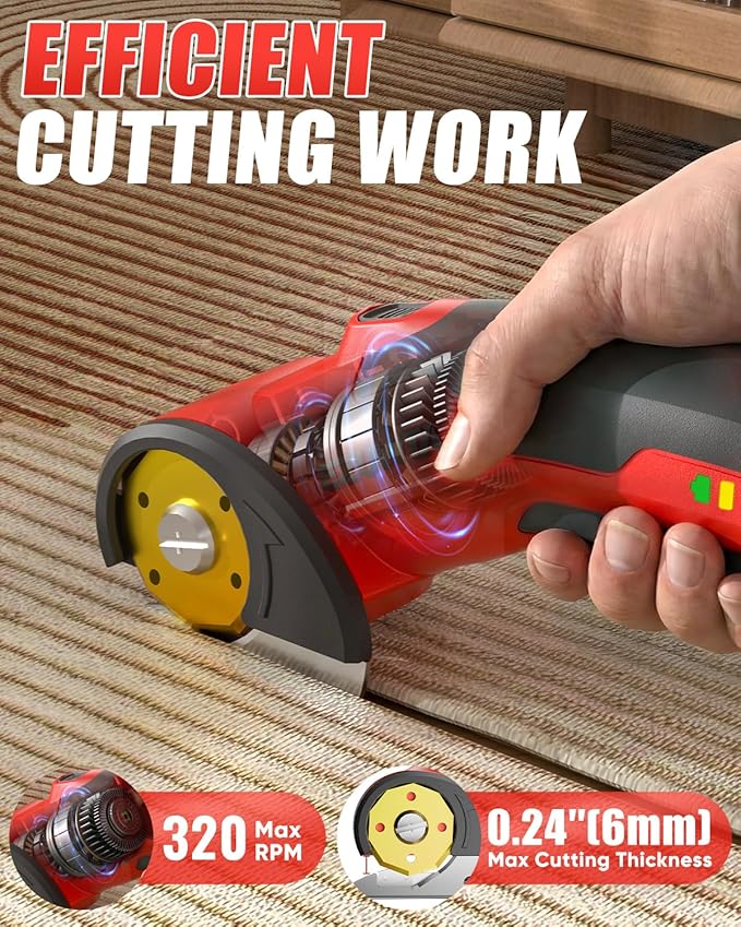 4V Cordless Electric Scissors with LED Light, Rechargeable Cardboard Box Cutter, Wrench, Storage Bag & Titanium-Coated Replacement Blade for Fabric, Leather, Carpet & Plastic(Red & Black)