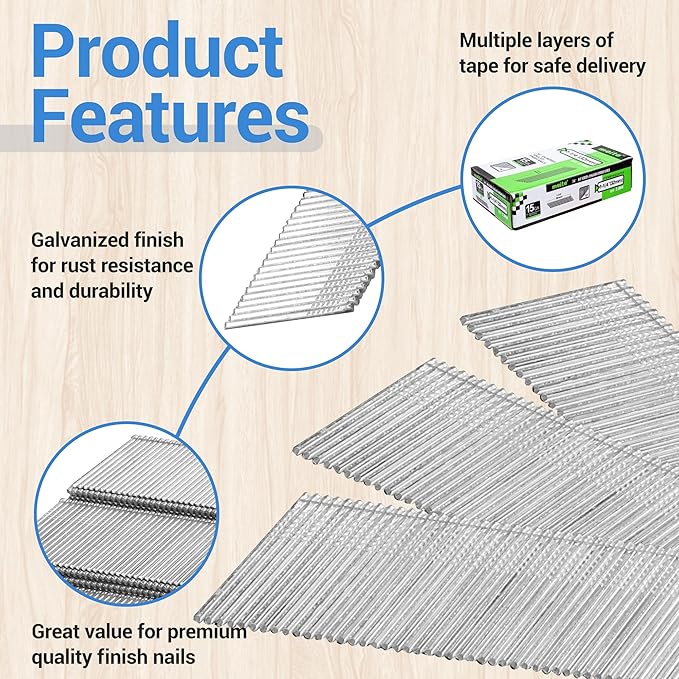 meite 15 Gauge Finish Nails 1-1/4-Inch 34 Degree Angled Galvanized Finishing Nails for Electric or Pneumatic Nailer Gun - No-Rust DA Nail for Cabinet Building Window Trim Fine Woodworking, 16,000PCS
