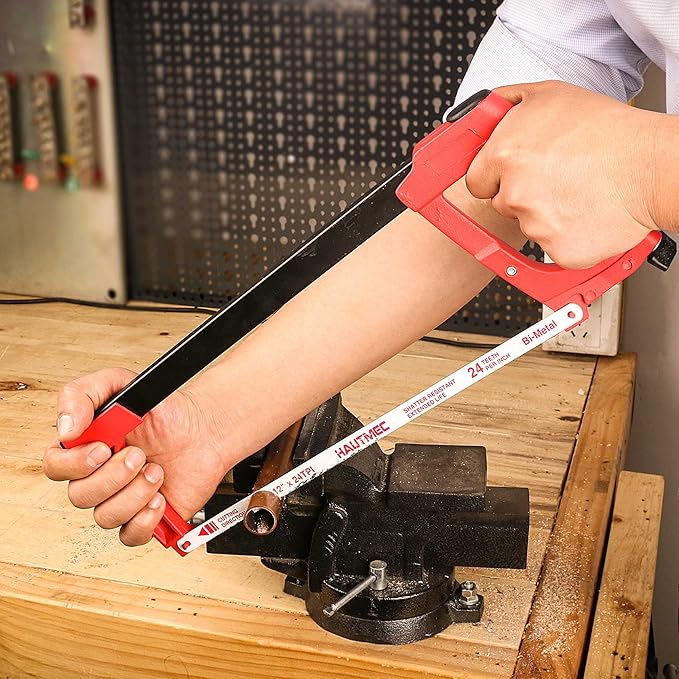 HAUTMEC 12-Inch Adjustable Tension Hacksaw with Blade Storage, 45°/90° Cutting Angles, High Tension Steel Frame & 24 TPI Bi-Metal Blade for Metal, PVC, Wood – HT0015