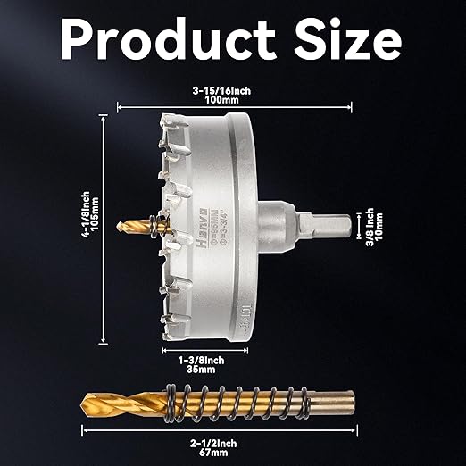 Hole Saw 3-3/4" (95mm) Heavy Duty Carbide with 2 Pilot Drill Bits - Metal Hole Cutter Cuts Stainless Steel, Iron, Copper, Brass, Plastic