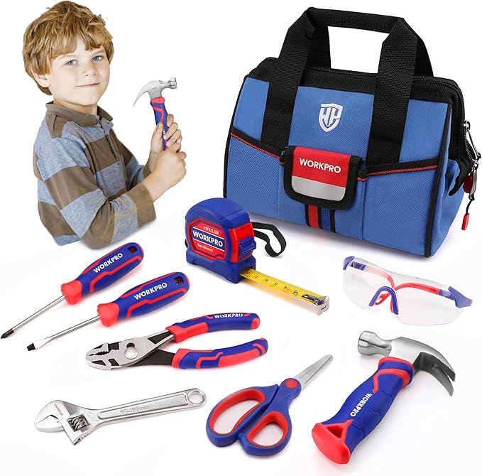 WORKPRO 9-Piece Kids Real Hand Tool Set, Blue Junior Tool Kit with Storage Bag for Boys, Girls, Children DIY Building and Woodworking, Age 8+