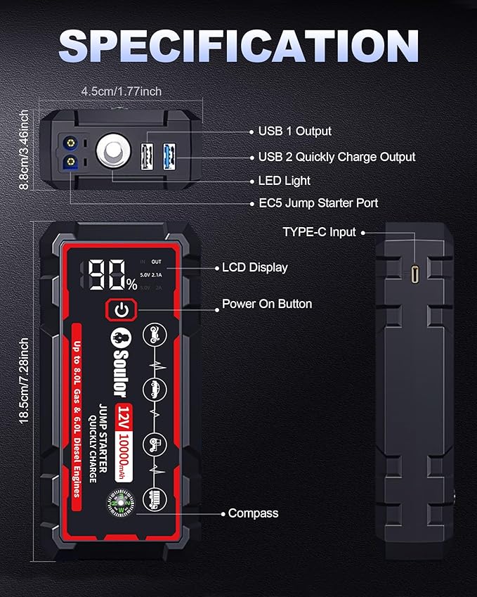 9 in 1 Jump Starter, 12V Jump Box Car Battery Jumper Starter Portable with 14 in 1 Protection Jumper Cables, LED Lights, LCD Display, Insulated Gloves