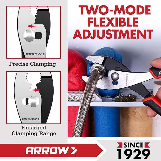 ARROW Slip Joint Pliers, 8 Inch High Carbon Steel Pliers Tool with Rust Resistant Finish, Comfortable TPR Handle, 3-Zone Jaw for Gripping, Tightening, or Loosening Nuts and Bolts