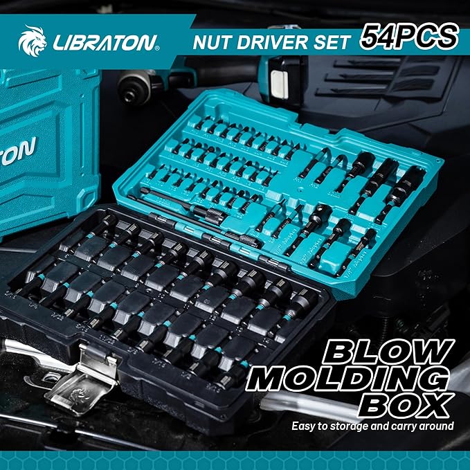 LIBRATON 54PCS Magnetic Nut Driver Set, Impact Drill Driver Bit 1/4", Metric & SAE Nut Drivers for Impact Drill, Socket Adapters, Screwdriver Bit, Quick-Release Extension, Wing Nut Driver, Storage Box