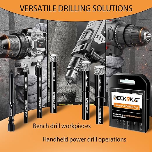 DECKRKAT 7-Piece Dry Diamond Drill Bits & Carbide Tile Drill Bit Set for Tile,Ceramic,Marble,Porcelain,Glass & Granite- 3/16", 1/4" (x2), 5/16", 3/8", 1/2" + 1/4" Masonry Bit