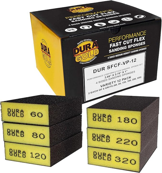 Dura-Gold 4-Sided Hand Sanding Block Sponge Variety Pack, Box of 12, Grits 60, 80, 120, 180, 220, 320-3.9" x 2.75" x 1" Wet or Dry Flexible Sandpaper Pads, Reusable - Sand Wood, Drywall, Metal Paint