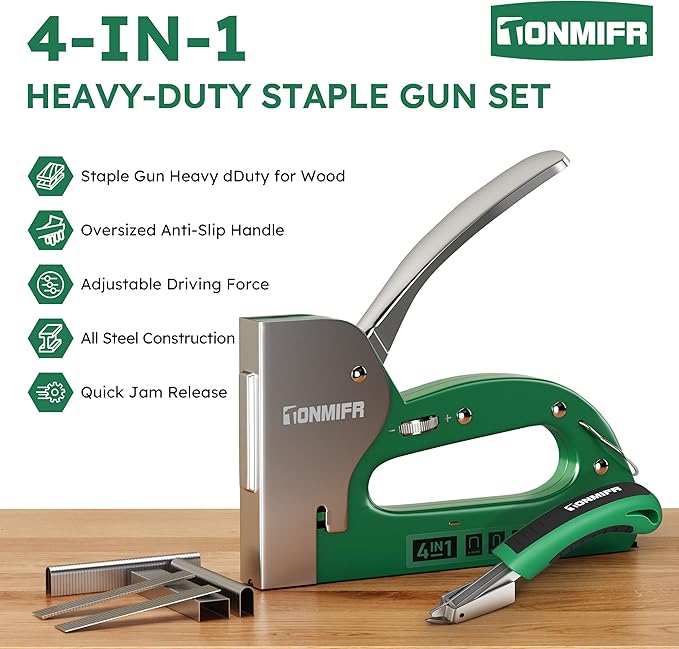 Tonmifr Heavy Duty 4 in 1 Staple Gun Larger Size, Effortless Operation - 1080째 Force Adjustment, Stapler Gun for Upholstery, Carpentry, Wood, Fabric, Furniture, Wall & DIY with Remover & 4000 Staples