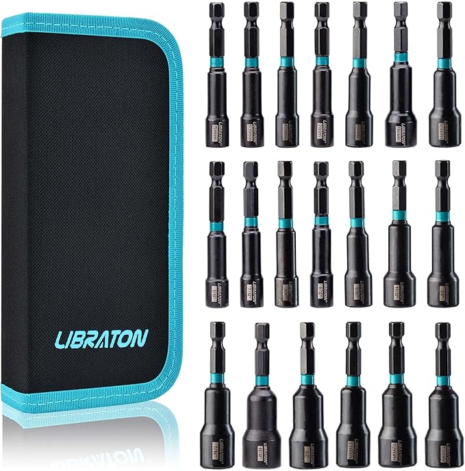 Libraton 20PCS Magnetic Nut Driver Set, Impact Drill Driver Bit Set 1/4", Metric and SAE Nut Driver, with Storage Bag, 5-13mm and 3/16''-1/2'' Nut Drivers