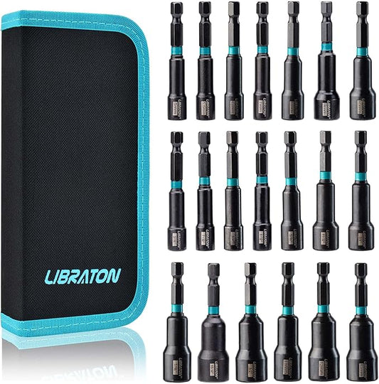 Libraton 20PCS Magnetic Nut Driver Set, Impact Drill Driver Bit Set 1/4", Metric and SAE Nut Driver, with Storage Bag, 5-13mm and 3/16''-1/2'' Nut Drivers