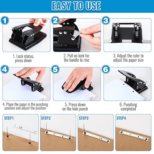 Dreyoo 2 Hole Punch with 100 Prong Paper Fasteners, Heavy Duty Two Hole Paper Puncher for File Folder and Metal File Fasteners Combo Set, 30 Sheet Capacity, Padded Handle(Compressor)