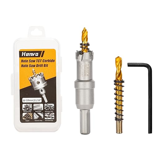 Hole Saw 11/16" (18mm) Heavy Duty Carbide with 2 Pilot Drill Bits - Metal Hole Cutter Cuts Stainless Steel, Iron, Copper, Brass, Plastic