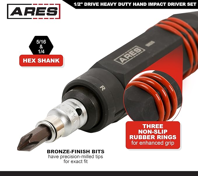 ARES 10027 ??1/2-Inch Drive Heavy Duty Hex Grip Impact Driver ??1/4-Inch & 5/16-Inch Bit Chucks ??S2 Bits ??Slotted 3/16, 1/4, 5/16, 3/8 Inch Bits ??Phillips PH1, PH2, & PH3 Bits - T20, T25 Bits