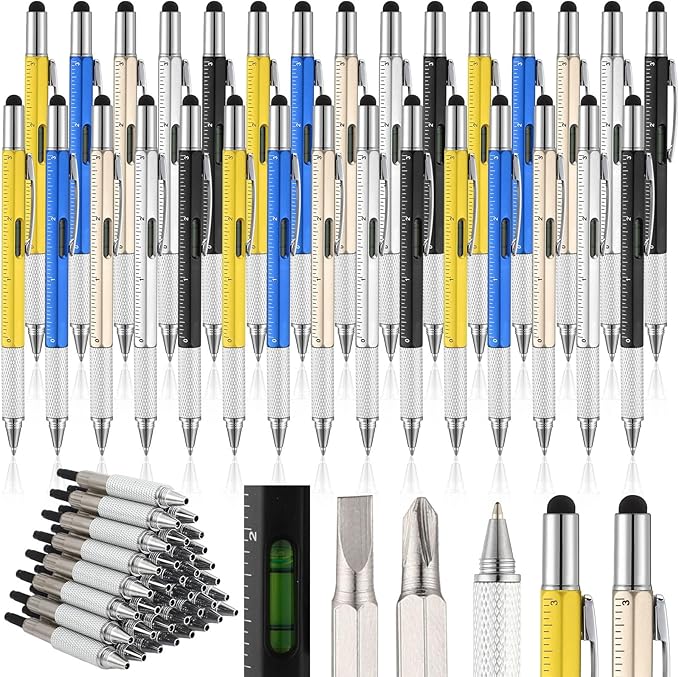 Yeaqee 30 Pcs Stocking Stuffers Bulk for Men 6 in 1 Screwdriver Multi Tool Pens with Refills Ruler Level Gauge for Party Favor Father's Christmas White Elephant Gifts (Vivid Color)
