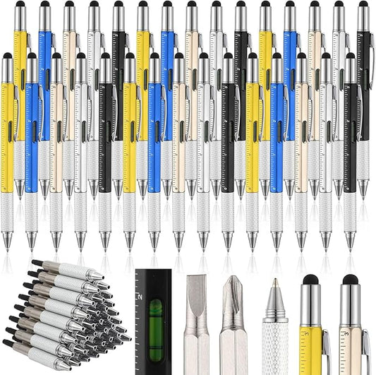 Yeaqee 30 Pcs Stocking Stuffers Bulk for Men 6 in 1 Screwdriver Multi Tool Pens with Refills Ruler Level Gauge for Party Favor Father's Christmas White Elephant Gifts (Vivid Color)