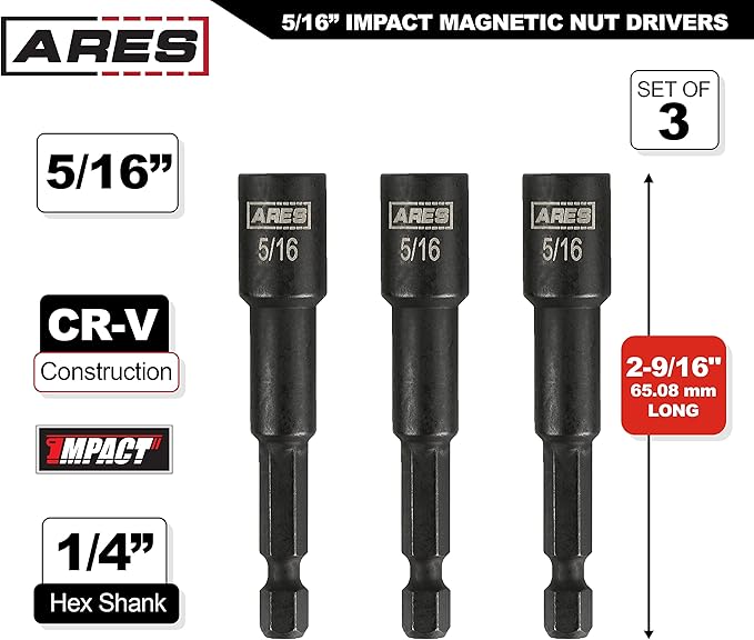 ARES 27014-3-Piece 5/16-Inch Magnetic Impact Nut Driver Bit Set - Stubby 2 9/16-Inch Length - Impact Grade Nut Setters with Industrial Strength Magnets
