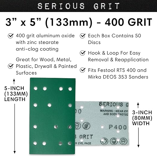 Serious Grit - 3" x 5" (80mm x 133mm) 14-Hole 400 Grit Sanding Sheets - Fits Festool RTS 400 & Mirka Deos 353 - Heavy-Duty Hook & Loop Film Abrasives - Sandpaper for Sheet Sanders - 50 Pack Box