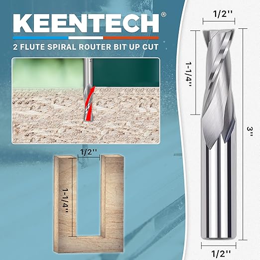 KEENTECH 1/2" Shank Upcut 2 Flute Flat Tip Sprial Router Bit for CNC Router Machine, 1/2" Cutting Diameter, 1-1/4" Cutting Depth, for Wood Cutting, Custom Furniture, Slot Mortise, Engraving, Carving
