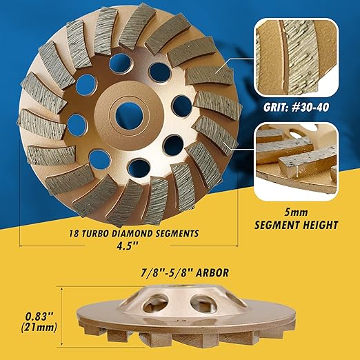 4.5" Diamond Grinding Wheels for Concrete or Masonry, 18 Turbo Segments, #30/40 Grit, Medium Bond, 7/8"-5/8" Arbor