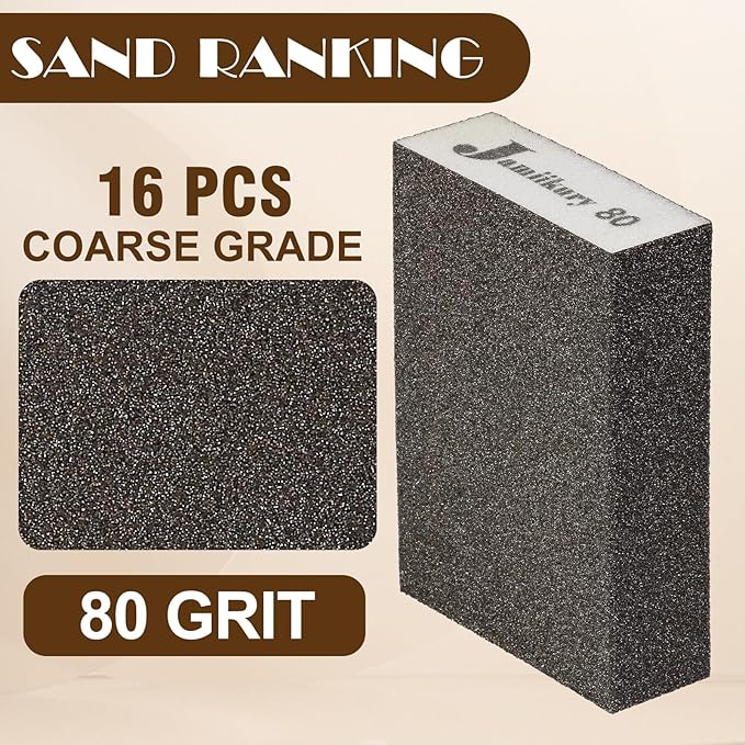 16Pcs 80 Grit Sanding Blocks, Jamiikury Coarse Sanding Sponge Washable and Reusable, Wet Dry Sandpaper Sponge for Wood Metal FurniturePaint and Drywall