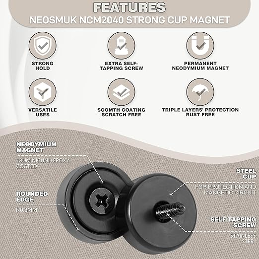 Neosmuk Magnets with Screws,40lbs+ Heavy Duty Rare Earth Neodymium Mounting Magnets with Holes,Countersunk Round Disc Industrial Magnets for Wall Mounting,6 Pack,Black
