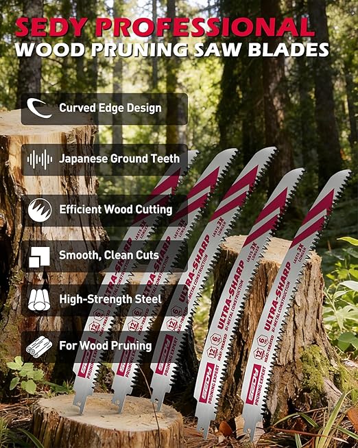 12 Inch Japanese Teeth Reciprocating Saw Blades, 6TPI Arc Edge Wood Pruning Saw Blades Set with Storage Box for Tree Trimming, Wood Cutting, 5 Pack