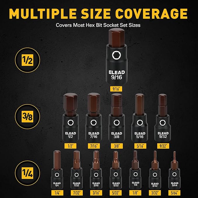 16-Piece SAE Hex Bit Impact Socket Set - Premium S2 Steel 5/64"-9/16" Allen Socket Set with Socket Adapters, 1/4?? 3/8??and 1/2??Drive | Professional Mechanic Garage Tools