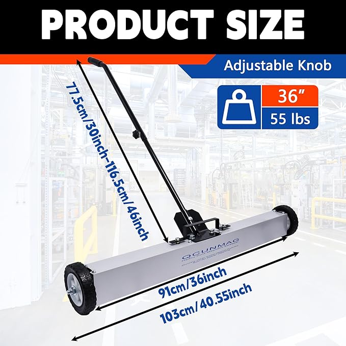 Rolling Magnetic Sweeper with Wheels, 55 Lbs 36-inch Large Magnet Pickup Lawn Sweeper with Telescoping Handle, Push-Type Magnetic Pick Up Sweeper, Easy Cleanup of Workshop Yard Garage