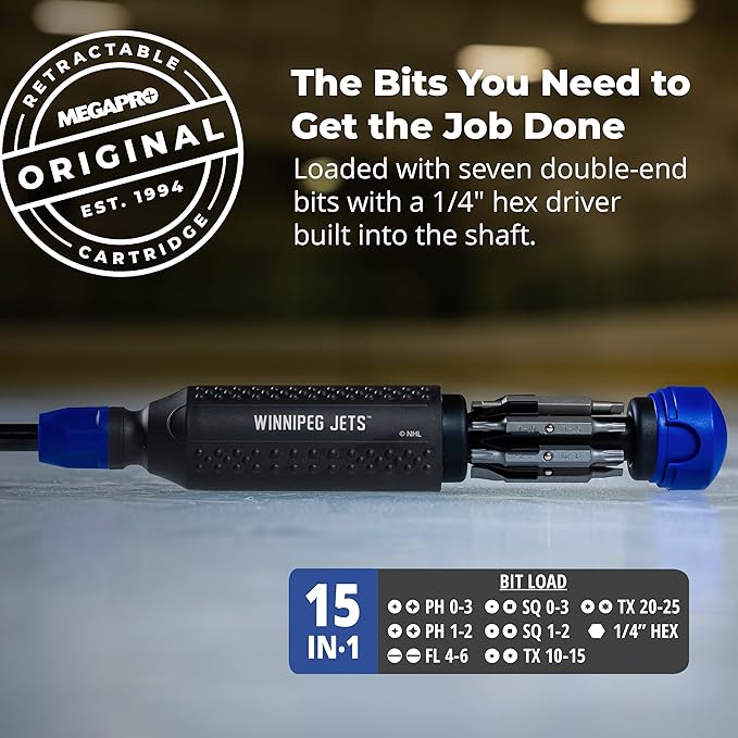 MEGAPRO짰 NHL짰 Team Edition Multi-bit Screwdriver | Officially Licensed NHL짰 Gear | Durable, Ergonomic, Pro-Grade Screwdriver (Winnipeg Jets??