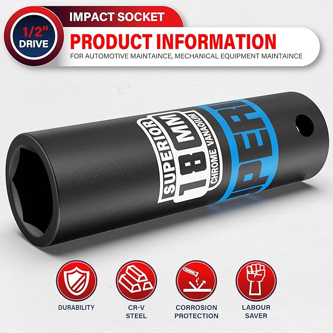 1/2" Drive Impact Socket, 18 mm Deep Socket, Metric, 6 Point, CR-V, for Automotive Maintaince, Mechanical Equipment Maintaince