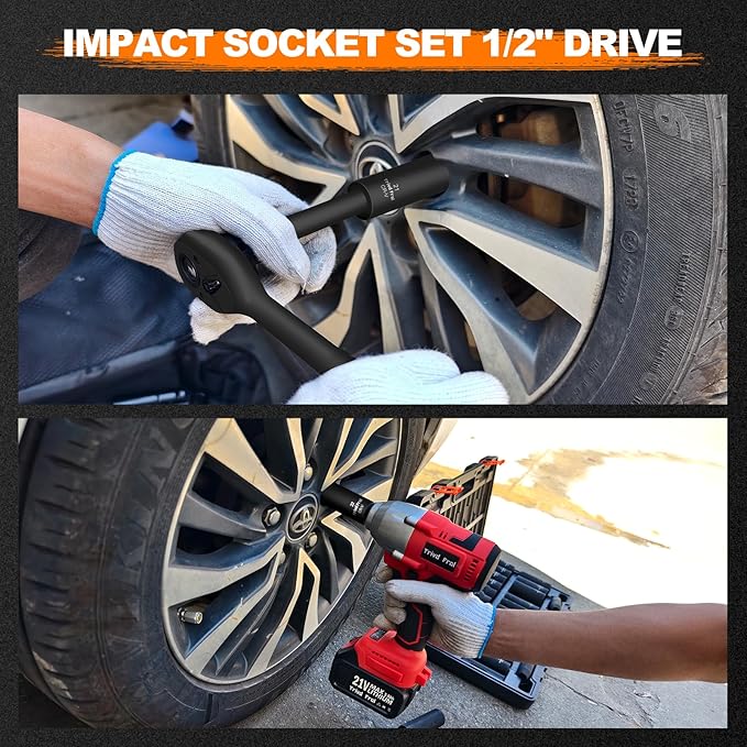 Impact Socket Wrench Set 1/2" Drive - Trivd Frol 65pcs Impact Socket Set Metric and Standard Full, Metric Socket Set 8-24mm & SAE Socket Set 3/8"-1-1/4", Shallow & Deep Socket Set, Extensions, Adapter
