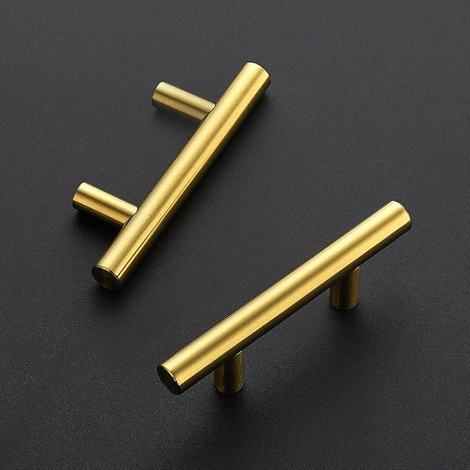 JOY DECOR 10 Pack 4 Inch Cabinet Pulls Kitchen Cabinet Handles with 2-1/2 Inch Hole Center Brushed Brass Cabinet Hardware Stainless Steel Kitchen Drawer Pulls for Cabinets Cupboard, 64mm Hole Centers