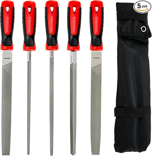 MAXPOWER 10-inch Metal File Set, 5 Pieces Hand Files Including Flat, Round, Half-Round, Triangle and Square, Soft Grip Handle, File Set for Wood, Metal Work and DIY