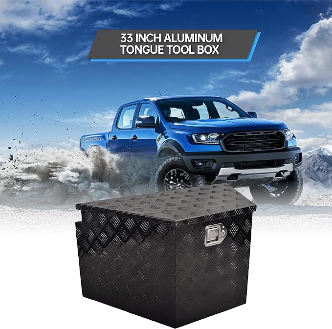33'' Utility Trailer Tongue Tool Box 5 Bar Tread Tool Box Waterproof Pick Up Truck Storage Organizer with Lock and Key, Black (33"X19"X18")