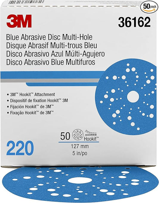 Hookit 3M Blue Abrasive Disc Multi-Hole, 36162, 5 in, 220 Grade, 50 Discs per Carton