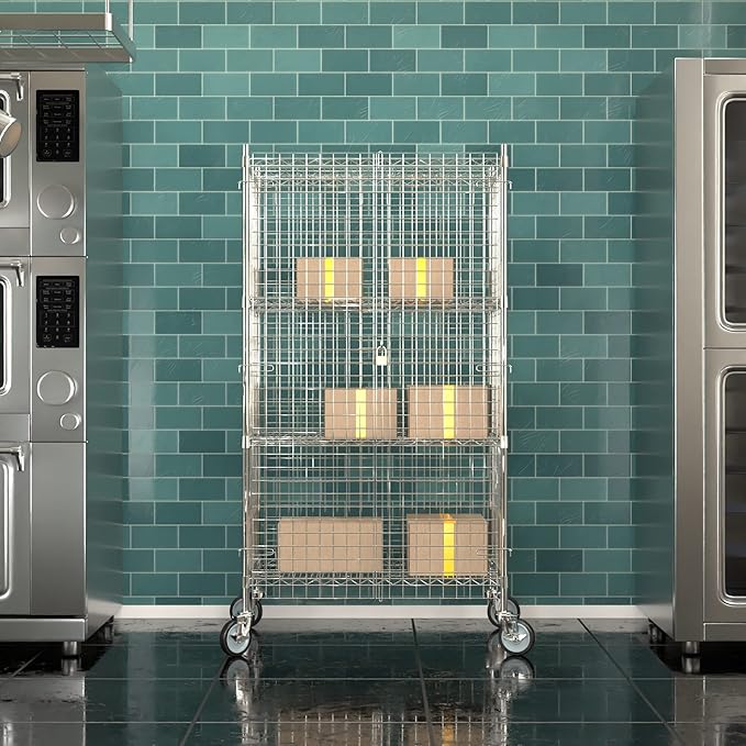 Commercial Grade NSF Listed Metal Wire Mesh Storage Chrome Mobile Security Cage Kit, 24" x 36" x 70", Perfect for Warehouse, Grocery Store, Restaurant, Dishroom
