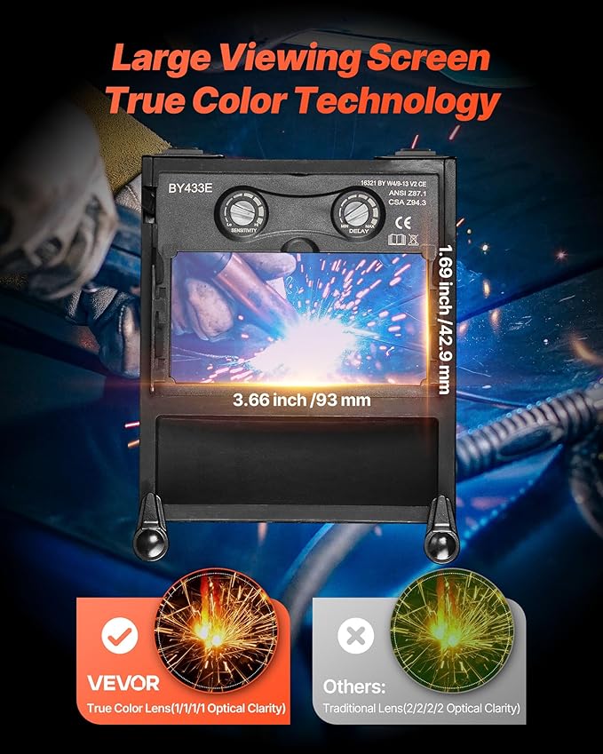 VEVOR Welding Helmet Auto Darkening, 3.66" x 1.69" True Color Welding Hood, Solar Powered Welder Mask 2 Arc Sensors, Shade 4/9-13 for TIG MIG ARC Weld Grinding - CRIUS Series (Blue Lightning Pattern)