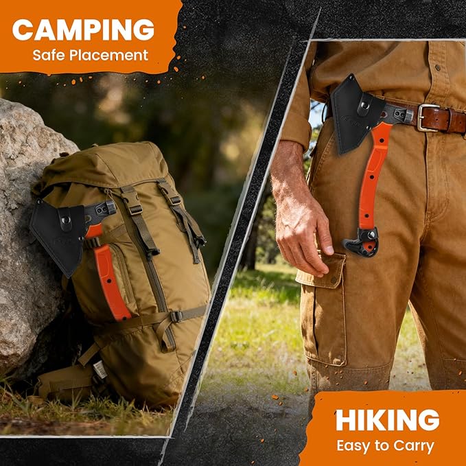 Tactical Axe with G10 Handle Camping Survival Hatchet, Multifunctional Outdoor Hiking Heavy Duty Full Tang Tomahawk Tools with Hammer, Unique Design Crowbar, Leather Sheath (Orange)