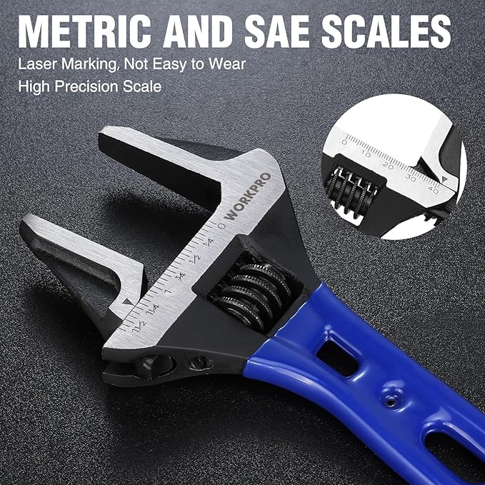 WORKPRO 6-Inch Stubby Adjustable Wrench, 1.5-Inch Extra Wide Jaw Opening Wrench, Metric/SAE Scales, Cr-V Steel, Ideal for Work in Confined Spaces