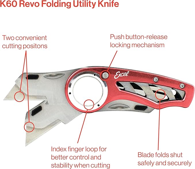 Excel Blades Revo Folding Utility Knife ??Heavy-Duty Box Cutter with Aluminum Body, Quick-Change #92 Blades, 3 Lock Positions Design, Anti-Slip Finger Loop Grip, Holster Included ??Red
